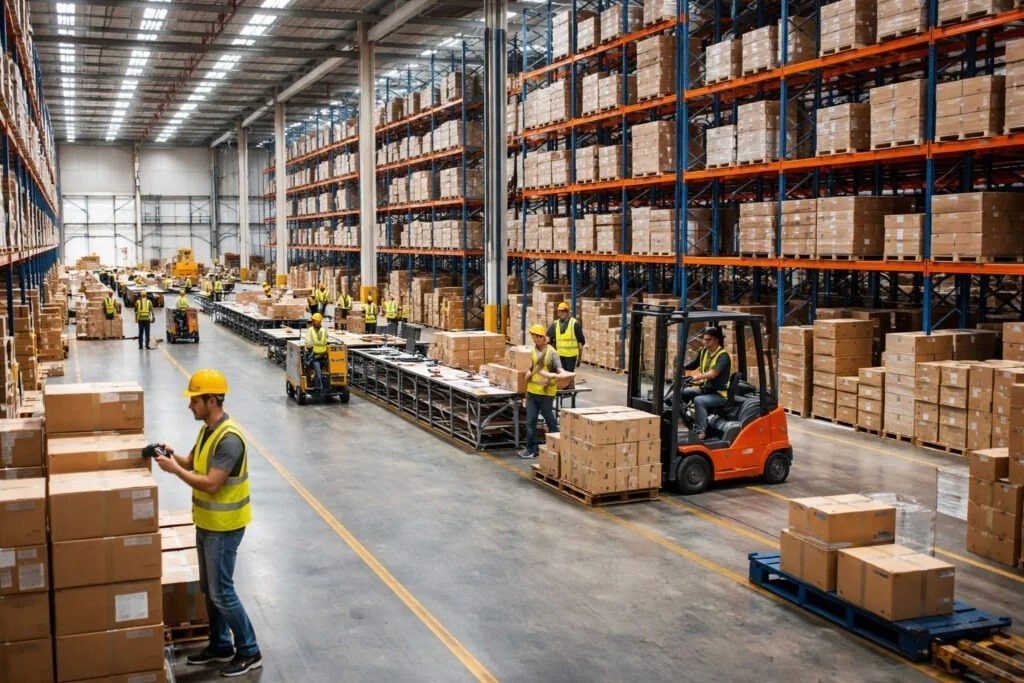 A busy fulfilment warehouse: SourceIT associates in high-visibility vests picking and staging cartons while a forklift moves a loaded pallet.