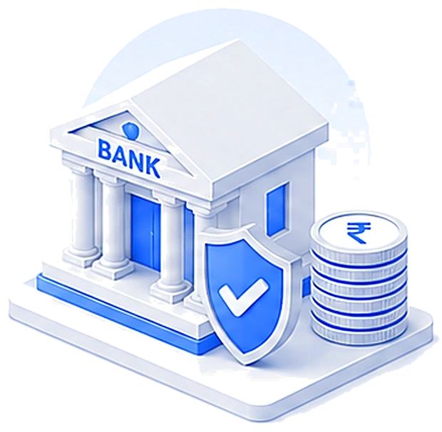 An isometric bank building beside a shield with a tick and a stack of rupee coins.