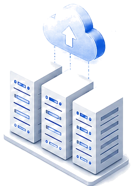 An isometric row of server racks with a cloud upload symbol above them.