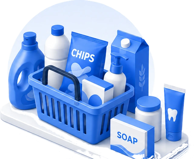 An isometric shopping trolley in blue and white.