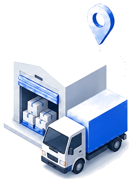 An isometric warehouse dock with a loaded delivery truck and a route pin above it.