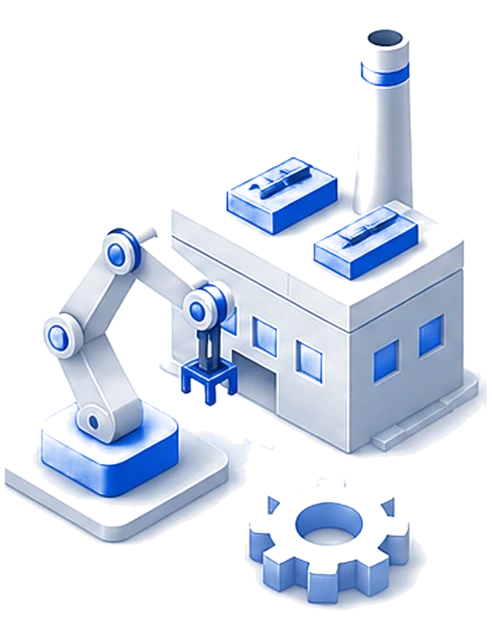 An isometric factory with a robotic arm, rooftop plant and a gear, in blue and white.