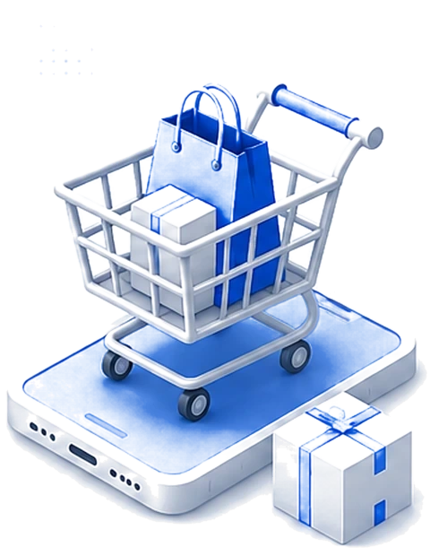 An isometric shopping trolley holding a bag and parcels on a phone screen, beside a gift box.